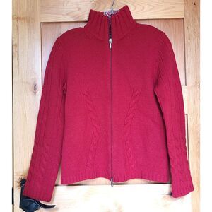 Eddie Bauer 100% Lambs Wool Red Cable Knit Full Zip Sweater Mock Neck SMALL S